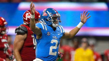 Sep 6, 2021; Atlanta, Georgia, USA; Mississippi Rebels quarterback Matt Corral (2) shows emotion against the Louisville Cardinals in the second half at Mercedes-Benz Stadium. Mandatory Credit: Brett Davis-USA TODAY Sports