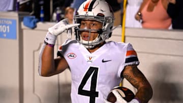 Virginia Cavaliers wide receiver Billy Kemp IV (4) reacts after catching a touchdown pass ( Bob Donnan-USA TODAY Sports)