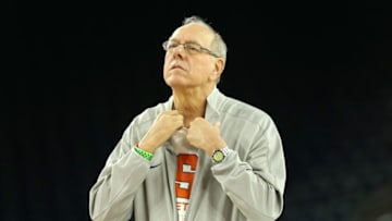 HOUSTON, TEXAS - APRIL 01: Head coach Jim Boeheim of the Syracuse Orange looks on during a practice session for the 2016 NCAA Men's Final Four at NRG Stadium on April 1, 2016 in Houston, Texas. (Photo by Streeter Lecka/Getty Images)