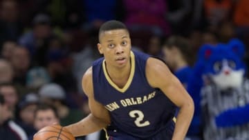 Apr 5, 2016; Philadelphia, PA, USA; New Orleans Pelicans guard Tim Frazier (2) dribbles against the Philadelphia 76ers at Wells Fargo Center. The Philadelphia 76ers won 107-93. Mandatory Credit: Bill Streicher-USA TODAY Sports