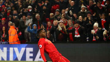 LIVERPOOL, ENGLAND - NOVEMBER 26: Divock Origi of Liverpool celebrates scoring the opening goal during the Premier League match between Liverpool and Sunderland at Anfield on November 26, 2016 in Liverpool, England. (Photo by Clive Brunskill/Getty Images)