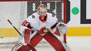 TORONTO, ON - FEBRUARY 15: Joey Daccord #34 of the Ottawa Senators warms up prior to action against the Toronto Maple Leafs in an NHL game at Scotiabank Arena on February 15, 2021 in Toronto, Ontario, Canada. The Senators defeated the Maple Leafs 6-5 in overtime. (Photo by Claus Andersen/Getty Images)
