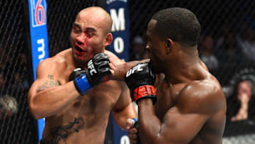 DALLAS, TX - SEPTEMBER 08: (R-L) Geoff Neal punches Frank Camacho of Guam in their welterweight fight during the UFC 228 event at American Airlines Center on September 8, 2018 in Dallas, Texas. (Photo by Josh Hedges/Zuffa LLC/Zuffa LLC via Getty Images)
