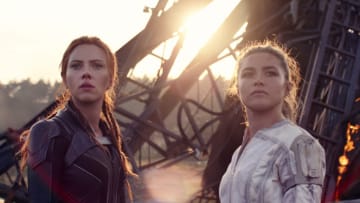 (L-R): Black Widow/Natasha Romanoff (Scarlett Johansson) and Yelena (Florence Pugh) in Marvel Studios' BLACK WIDOW, in theaters and on Disney+ with Premier Access. Photo courtesy of Marvel Studios. ©Marvel Studios 2021. All Rights Reserved.