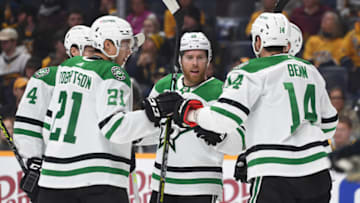 Dec 27, 2022; Nashville, Tennessee, USA; Dallas Stars players celebrate after a goal by center Roope Hintz (24) during the second period at Bridgestone Arena. Mandatory Credit: Christopher Hanewinckel-USA TODAY Sports