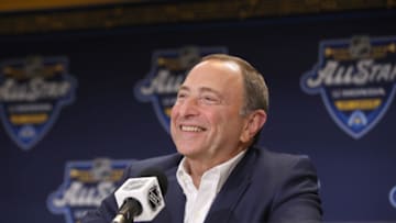 ST LOUIS, MISSOURI - JANUARY 24: Commissioner Gary Bettman speaks to the media prior to the 2020 NHL All-Star Skills Competition at Enterprise Center on January 24, 2020 in St Louis, Missouri. (Photo by Bruce Bennett/Getty Images)