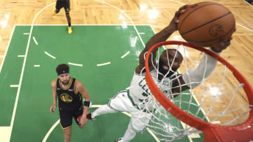 BOSTON, MASSACHUSETTS - JUNE 08: Jaylen Brown #7 of the Boston Celtics goes up for a dunk against Klay Thompson #11 of the Golden State Warriors in the third quarter during Game Three of the 2022 NBA Finals at TD Garden on June 08, 2022 in Boston, Massachusetts. NOTE TO USER: User expressly acknowledges and agrees that, by downloading and/or using this photograph, User is consenting to the terms and conditions of the Getty Images License Agreement. (Photo by Pool - Kyle Terada/USA TODAY Sports/2022 Getty Images)