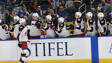 ST. LOUIS, MO - OCTOBER 25: Columbus Blue Jackets center Boone Jenner (38) is congratulated by teammates after scoring during a NHL game between the Columbus Blue Jackets and the St. Louis Blues on October 25, 2018, at Enterprise Center, St. Louis, MO. (Photo by Keith Gillett/Icon Sportswire via Getty Images)
