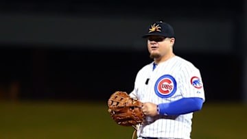 Oct. 9, 2014; Mesa, AZ, USA; Chicago Cubs first baseman Dan Vogelbach plays for the Mesa Solar Sox against the Salt River Rafters during an Arizona Fall League game at Cubs Park. Mandatory Credit: Mark J. Rebilas-USA TODAY Sports