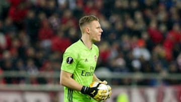 PIRAEUS, GREECE - FEBRUARY 20: Bernd Leno of Arsenal FC during the UEFA Europa League round of 32 first leg match between Olympiacos FC and Arsenal FC at Karaiskakis Stadium on February 20, 2020 in Piraeus, Greece. (Photo by MB Media/Getty Images)