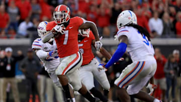 D'Andre Swift #7 of the Georgia football Bulldogs rushes during a game against the Florida Gators. (Photo by Mike Ehrmann/Getty Images)