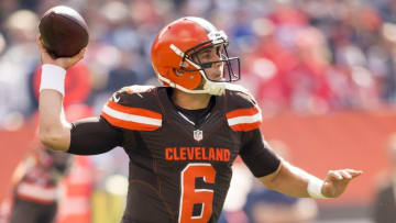 Oct 9, 2016; Cleveland, OH, USA; Cleveland Browns quarterback Cody Kessler (6) makes a pass against the New England Patriots during the first quarter at FirstEnergy Stadium. Mandatory Credit: Scott R. Galvin-USA TODAY Sports