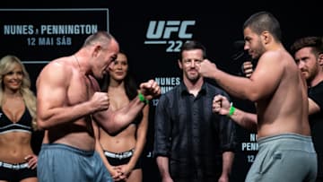 RIO DE JANEIRO, BRAZIL - MAY 11: Opponents Oleksiy Oliynyk (L) of Russia and Junior Albini of Brazil face off during the UFC 224 weigh-in at Jeunesse Arena on May 11, 2018 in Rio de Janeiro, Brazil. (Photo by Buda Mendes/Zuffa LLC/Zuffa LLC via Getty Images)