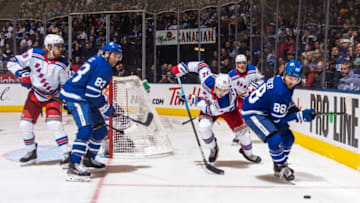 TORONTO, ON - DECEMBER 28: Cody Ceci #83 of the Toronto Maple Leafs and William Nylander #88 skate against Filip Chytil #72 of the New York Rangers during the third period at the Scotiabank Arena on December 28, 2019 in Toronto, Ontario, Canada. (Photo by Mark Blinch/NHLI via Getty Images)