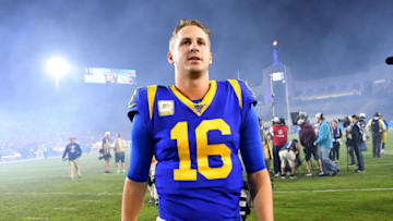 LOS ANGELES, CA - NOVEMBER 17: Quarterback Jared Goff #16 of the Los Angeles Rams leaves the field after the game against the Chicago Bears at the Los Angeles Memorial Coliseum on November 17, 2019 in Los Angeles, California. (Photo by Jayne Kamin-Oncea/Getty Images)