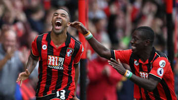 BOURNEMOUTH, ENGLAND - SEPTEMBER 10: Callum Wilson (L) of AFC Bournemouth celebrates scoring his sides first goal with Max Gradel (R) of AFC Bournemouth during the Premier League match between AFC Bournemouth and West Bromwich Albion at Vitality Stadium on September 10, 2016 in Bournemouth, England. (Photo by Steve Bardens/Getty Images)