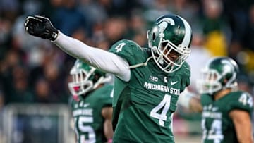 Oct 24, 2015; East Lansing, MI, USA; Michigan State Spartans defensive lineman Malik McDowell (4) celebrates fumble recovery against the Indiana Hoosiers during the 2nd half of a game at Spartan Stadium. Mandatory Credit: Mike Carter-USA TODAY Sports