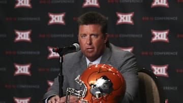 Jul 18, 2016; Dallas, TX, USA; Oklahoma State Cowboys head coach Mike Gundy speaks to the media during the Big 12 Media Days at Omni Dallas Hotel. Mandatory Credit: Kevin Jairaj-USA TODAY Sports