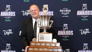LAS VEGAS, NV - JUNE 20: Head coach Gerard Gallant of the Vegas Golden Knights poses with the Jack Adams Award given to the top head coach in the press room at the 2018 NHL Awards presented by Hulu at the Hard Rock Hotel & Casino on June 20, 2018 in Las Vegas, Nevada. (Photo by Bruce Bennett/Getty Images)