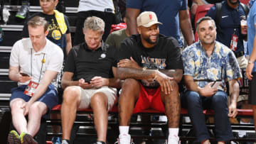 LAS VEGAS, NV - JULY 6: DeMarcus Cousins #0 of the Golden State Warriors looks on from the sideline during the game against the Los Angeles Clippers during the 2018 Las Vegas Summer League on July 6, 2018 at the Thomas & Mack Center in Las Vegas, Nevada. NOTE TO USER: User expressly acknowledges and agrees that, by downloading and/or using this Photograph, user is consenting to the terms and conditions of the Getty Images License Agreement. Mandatory Copyright Notice: Copyright 2018 NBAE (Photo by Garrett Ellwood/NBAE via Getty Images)