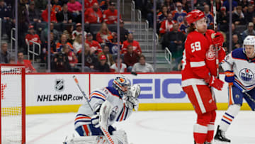 Detroit Red Wings left wing Tyler Bertuzzi (59) tries to screen Edmonton Oilers goaltender Jack Campbell (36) Mandatory Credit: Rick Osentoski-USA TODAY Sports