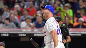 CLEVELAND, OHIO - JULY 08: Pete Alonso of the New York Mets reacts during the T-Mobile Home Run Derby at Progressive Field on July 08, 2019 in Cleveland, Ohio. (Photo by Jason Miller/Getty Images)