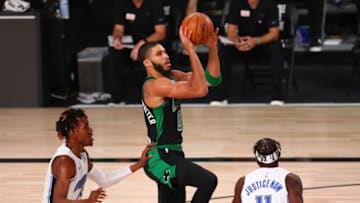 Former Duke basketball standout Jayson Tatum playing for the Boston Celtics. (Photo by Kim Klement - Pool/Getty Images)