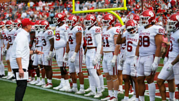 NORMAN, OK - APRIL 23: The Oklahoma Sooners line up to prepare for the second half of their spring game at Gaylord Family Oklahoma Memorial Stadium on April 23, 2022 in Norman, Oklahoma. (Photo by Brian Bahr/Getty Images)