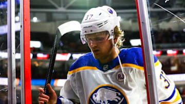 RALEIGH, NC - NOVEMBER 07: Casey Mittelstadt #37 of the Buffalo Sabres leaves the ice during the warmups of the game against the Carolina Hurricanes at PNC Arena on November 07, 2023 in Raleigh, North Carolina. (Photo by Jaylynn Nash/Getty Images)