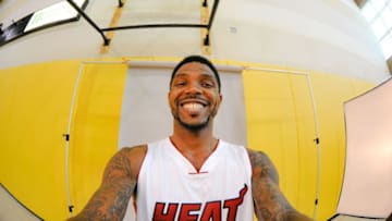 Sep 28, 2015; Miami, FL, USA; Miami Heat forward Udonis Haslem (40) takes a selfie during photo day at American Airlines Arena. Mandatory Credit: Steve Mitchell-USA TODAY Sports