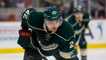 Apr 20, 2016; Saint Paul, MN, USA; Minnesota Wild forward Nino Niederreiter (22) waits for the faceoff in the second period against the Dallas Stars in game four of the first round of the 2016 Stanley Cup Playoffs at Xcel Energy Center. Mandatory Credit: Brad Rempel-USA TODAY Sports