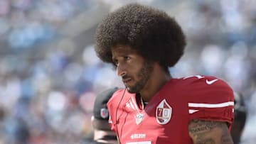 Sep 18, 2016; Charlotte, NC, USA; San Francisco 49ers quarterback Colin Kaepernick (7) on the sidelines in the third quarter. The Panthers defeated the 49ers 46-27 at Bank of America Stadium. Mandatory Credit: Bob Donnan-USA TODAY Sports