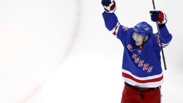 Kaapo Kakko #24 of the New York Rangers celebrates a goal scored by Filip Chytil #72 on Andrei Vasilevskiy #88 of the Tampa Bay Lightning during the second period in Game One of the Eastern Conference Final of the 2022 Stanley Cup Playoffs at Madison Square Garden on June 01, 2022 in New York City. (Photo by Sarah Stier/Getty Images)
