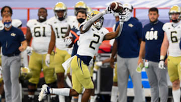 Sep 26, 2020; Syracuse, New York, USA; Georgia Tech Yellow Jackets wide receiver Ahmarean Brown (2) catches a pass against the Syracuse Orange during the second quarter at the Carrier Dome. Mandatory Credit: Rich Barnes-USA TODAY Sports