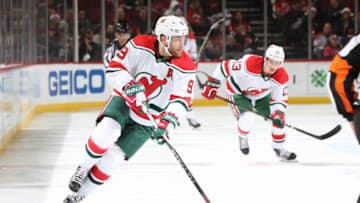 NEWARK, NJ - DECEMBER 23: Taylor Hall #9 of the New Jersey Devils skates with the puck against the Columbus Blue Jackets at Prudential Center on December 23, 2018 in Newark, New Jersey. (Photo by Jared Silber/NHLI via Getty Images)