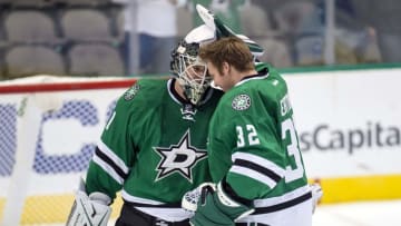 Nov 3, 2016; Dallas, TX, USA; Dallas Stars goalie Antti Niemi (31) and goalie Kari Lehtonen (32) celebrate the win over the St. Louis Blues at the American Airlines Center. The Stars beat the Blues 6-2. Mandatory Credit: Jerome Miron-USA TODAY Sports