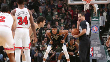 MILWAUKEE, WI - NOVEMBER 16: Giannis Antetokounmpo #34 of the Milwaukee Bucks looks on before the game against the Chicago Bulls on November 16, 2018 at Fiserv Forum in Milwaukee, Wisconsin. NOTE TO USER: User expressly acknowledges and agrees that, by downloading and/or using this photograph, user is consenting to the terms and conditions of the Getty Images License Agreement. Mandatory Copyright Notice: Copyright 2018 NBAE (Photo by Gary Dineen/NBAE via Getty Images)