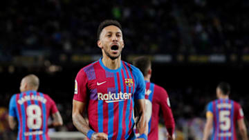 BARCELONA, SPAIN - FEBRUARY 27: Pierre Emerick Aubameyang of FC Barcelona celebrates 1-0 during the La Liga Santander match between FC Barcelona v Athletic de Bilbao at the Camp Nou on February 27, 2022 in Barcelona Spain (Photo by David S. Bustamante/Soccrates/Getty Images)