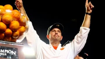 Dec 31, 2015; Miami Gardens, FL, USA; Clemson Tigers head coach Dabo Swinney celebrates after the 2015 CFP semifinal against Oklahoma Sooners at the Orange Bowl at Sun Life Stadium. Clemson won 37-17. Mandatory Credit: Steve Mitchell-USA TODAY Sports