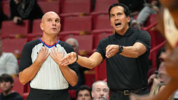 Miami Heat head coach Erik Spoelstra has a discussion with official Jacyn Goble in the second half of a game against the Toronto Raptors(Jim Rassol-USA TODAY Sports)