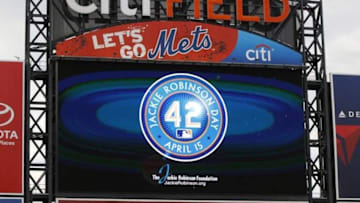 Apr 15, 2015; New York City, NY, USA; The video board displays a photo of the logo of the Jackie Robinson Foundation in honor of Jackie Robinson Day throughout MLB prior to the game between the Philadelphia Phillies and the New York Mets at Citi Field. Mandatory Credit: Andy Marlin-USA TODAY Sports