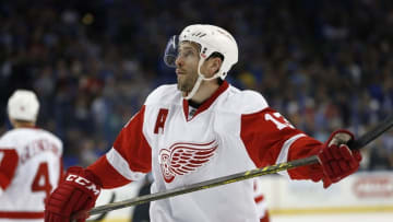 Apr 21, 2016; Tampa, FL, USA; Detroit Red Wings center Pavel Datsyuk (13) looks on after losing to the Tampa Bay Lightning in game five of the first round of the 2016 Stanley Cup Playoffs at Amalie Arena. Tampa Bay Lightning defeated the Detroit Red Wings 1-0. Mandatory Credit: Kim Klement-USA TODAY Sports