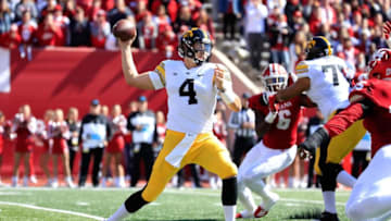 BLOOMINGTON, IN - OCTOBER 13: Nate Stanley #4 of the Iowa Hawkeyes throws the ball against the Indiana Hossiers at Memorial Stadium on October 13, 2018 in Bloomington, Indiana. (Photo by Andy Lyons/Getty Images)