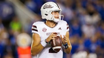 Oct 15, 2022; Lexington, Kentucky, USA; Mississippi State Bulldogs quarterback Will Rogers (2) looks to pass during the first quarter against the Kentucky Wildcats at Kroger Field. Mandatory Credit: Jordan Prather-USA TODAY Sports