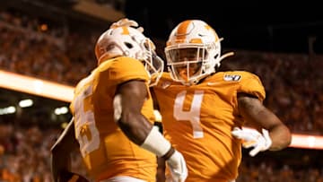 KNOXVILLE, TN - OCTOBER 05: Jauan Jennings #15 of the Tennessee Volunteers and teammate Dominick Wood-Anderson #4 celebrate a touchdown during a game between University of Georgia Bulldogs and University of Tennessee Volunteers at Neyland Stadium on October 5, 2019 in Knoxville, Tennessee. (Photo by Steve Limentani/ISI Photos/Getty Images).
