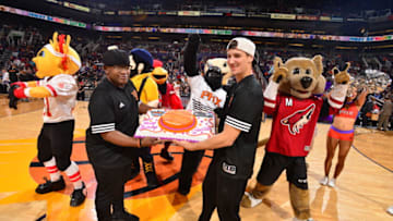 PHOENIX, AZ - DECEMBER 13: The Phoenix Suns celebrate the mascot, Gorilla's birthday during the Phoenix Suns game against the Minnesota Timberwolves on December 13, 2015 at Talking Sticks Resort Arena in Phoenix, Arizona. NOTE TO USER: User expressly acknowledges and agrees that, by downloading and or using this Photograph, user is consenting to the terms and conditions of the Getty Images License Agreement. Mandatory Copyright Notice: Copyright 2015 NBAE (Photo by Barry Gossage/NBAE via Getty Images)