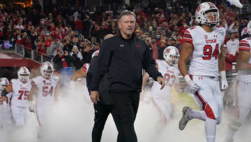 SANTA CLARA, CALIFORNIA - DECEMBER 06: Head coach Kyle Whittingham of the Utah Utes walks onto the field with his team prior to the start of the Pac-12 Championship game against the Oregon Ducks at Levi's Stadium on December 06, 2019 in Santa Clara, California. (Photo by Thearon W. Henderson/Getty Images)