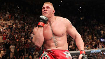 LAS VEGAS - JULY 03: Brock Lesnar reacts after his second round submission victory against Shane Carwin to win the UFC Heavyweight Championship Unification bout at the MGM Grand Garden Arena on July 3, 2010 in Las Vegas, Nevada. (Photo by Josh Hedges/Zuffa LLC/Zuffa LLC via Getty Images)