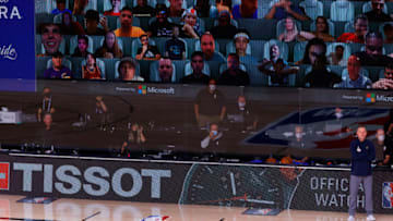 LAKE BUENA VISTA, FLORIDA - AUGUST 23: A Tissot ad is shown during the second quarter in a game between the Utah Jazz and the Denver Nuggets in Game Four of the Western Conference First Round during the 2020 NBA Playoffs at AdventHealth Arena at ESPN Wide World Of Sports Complex on August 23, 2020 in Lake Buena Vista, Florida. NOTE TO USER: User expressly acknowledges and agrees that, by downloading and or using this photograph, User is consenting to the terms and conditions of the Getty Images License Agreement. (Photo by Kevin C. Cox/Getty Images)