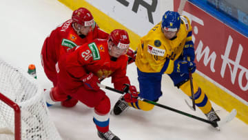 Alexander Holtz #10 of Sweden. (Photo by Codie McLachlan/Getty Images)